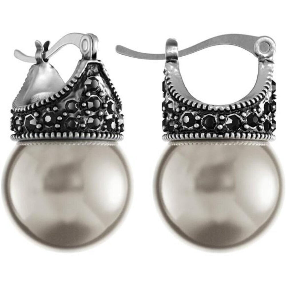Jewelry Glass Pearl Earrings | Rhodium Plated with Hematite Crystal